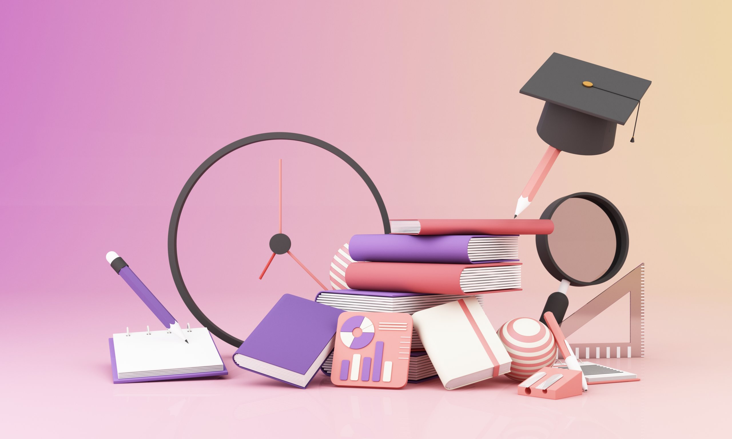 3d renderings of school supplies, pencils, books, a transparent clock, graduation cap, magnifying glass, ruler, and protractor are piled up against a purple and yellow gradient background.
